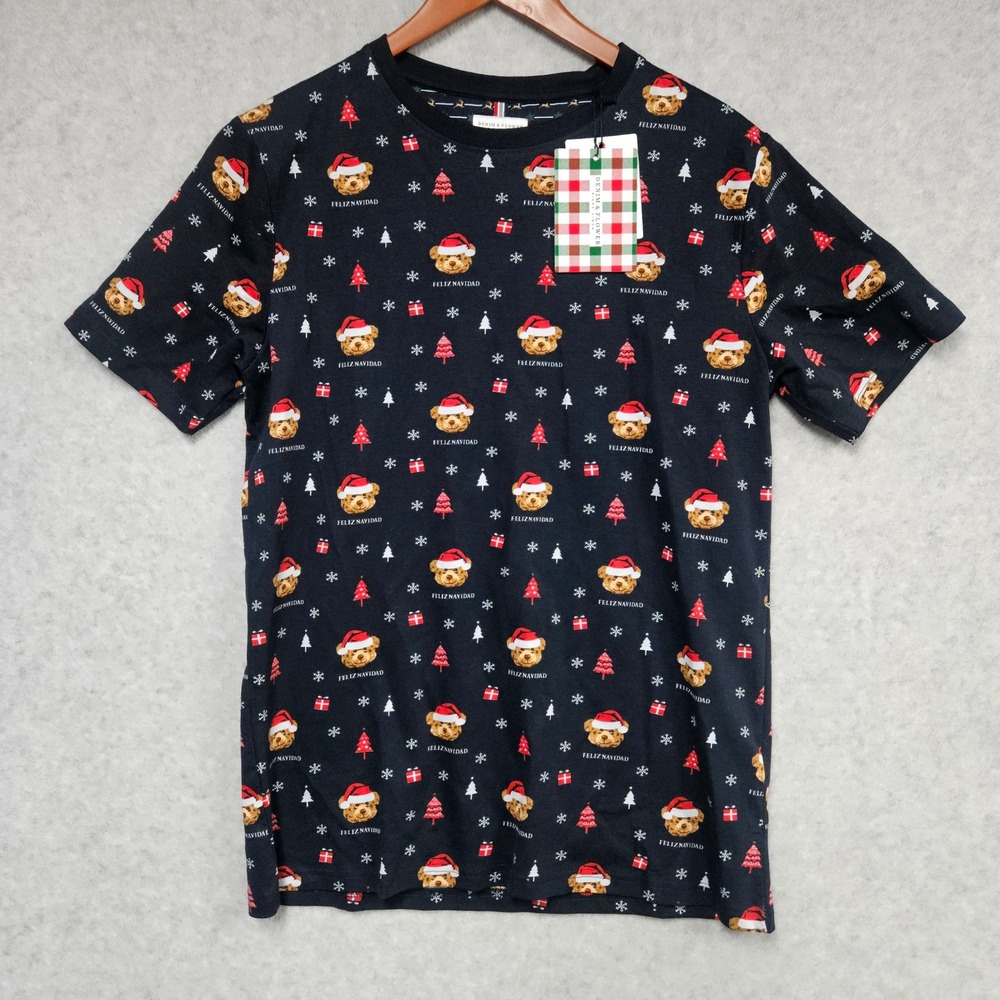 Denim & Flower T-Shirt Mens M Black Feliz Navidad Bear Holiday Christmas Tee